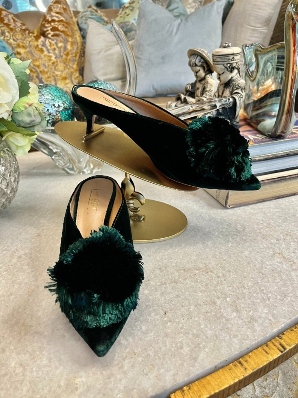 Aquazzura Powder Puff green velvet kitten heels mules